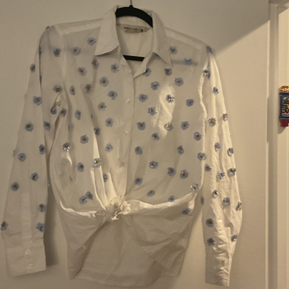 Men's White and Blue Floral Button Down Shirt